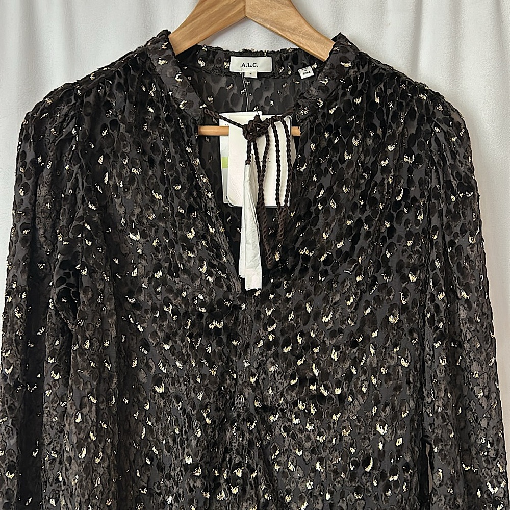 A.L.C. NWT Black/Gold Cheetah Print Long Sleeve Tie Blouse Shirt Top **Sz 4** - Picture 3 of 6
